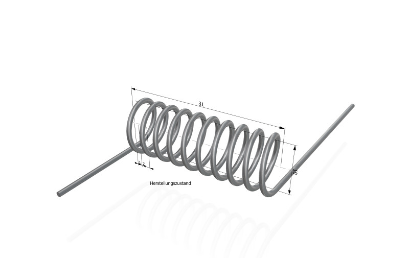 3D-CAD-Konstruktion einer Schenkelfeder mit tangentialer Schenkelanordnung und Schenkelstellung 0°